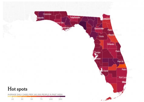 Map of COVID-19 hotspots in the state of Florida. Map courtesy of the New York Times.