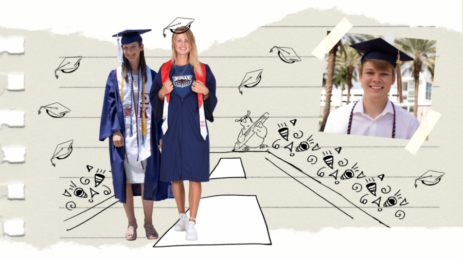 From left to right: Shelby Klein, Natalia
Boltinskaia, and Jordan Zielinski. Graphic by Marcy Wilder with illustrations by Michelle Rodriguez-Gonzalez. 