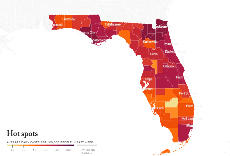 Map of coronavirus hotspots in Florida as of Aug. 6. Courtesy of the New York Times.