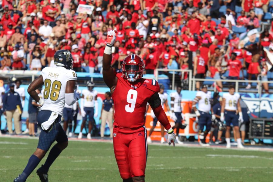 Caliph Brice celebrates after a play against FIU on October 2, 2021. Brice recorded two tackles and assisted on five. 