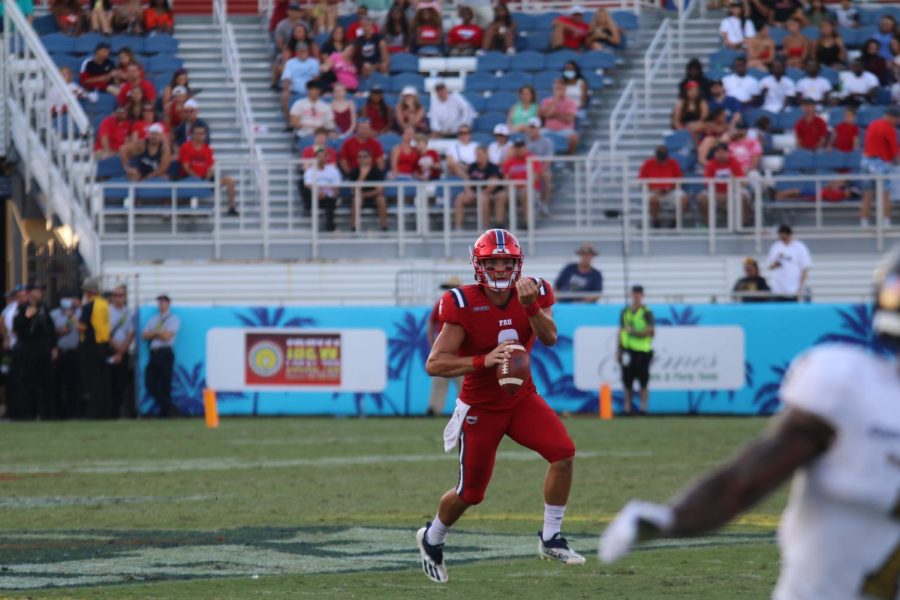 Nick Tronti calls for a reciever against FIU on October 2, 2021. Tronti went 5/6 for 68 yards against the Panthers. 