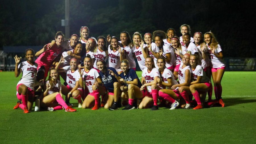 FAU Womens soccer celebrates their dramatic victory over Marshall on October 15, 2021. 