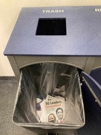 Trash can in the stairwell of the Student Union. Photo by UP staff.
