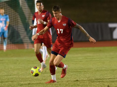 Filip Jauk converted his penalty kick in FAUs quarterfinal victory in the penalty shootout against Charlotte on Nov. 10, 2021. Photo courtesy of FAU Athletics.
