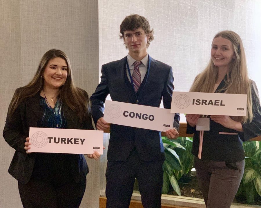 (Left) Director of Multicultural Programming Mariana Vallejo representing Turkey, (Center) Boca Raton House Speaker Reilly Bridgers representing the Republic of Congo, and (Right) Boca House Pro Tempore Kyla Flannery representing Israel.
