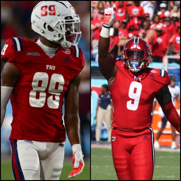 Brandon Robinson (#89, left) and Caliph Brice (right, #9) announced their decisions to declare for the 2022 NFL Draft on the week of Nov. 29. Collage by Gillian Manning.