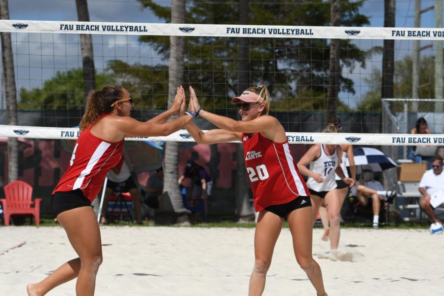 Photo of #4 graduate students Erica Brok (left) and #20 Mackenzie Morris (right). This image is courtesy of FAU Athletics.