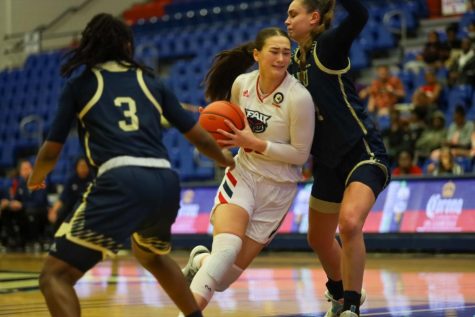 Janeta Rozentale drives into the paint against FIU on March 2, 2022. Despite being sixth in minutes played against the Panthers, she led the team in scoring with 20 points.