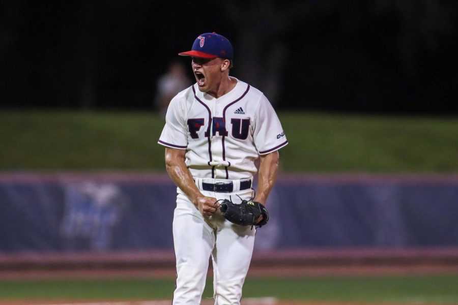 Robert Wegielnik in jubilation after securing a 5-3 victory over UCF on April 5, 2022. He pitched for two innings, was credited for the win, and allowed no hits or runs.