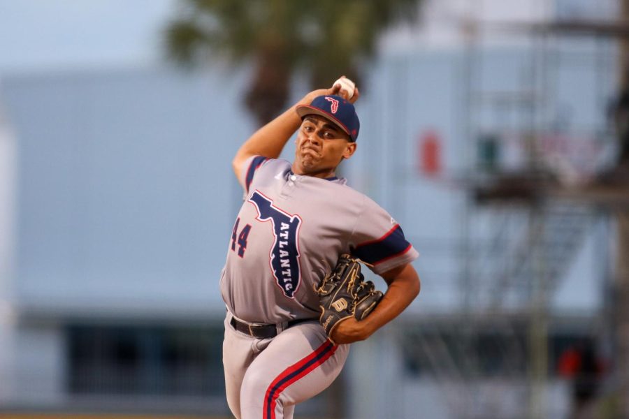 Nicholas Del Prado throwing from the mound against Miami on April 12, 2022. Del Prado was effective in his relief appearance, striking out one and giving up only one hit in 1 2/3 innings pitched.