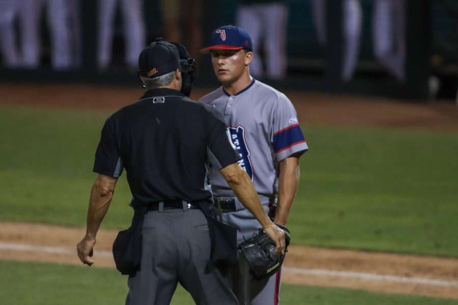 Robert Wegielnik reacts following a costly balk against Miami on April 12, 2022. Wegielnik was credited with the loss, his first of the season.