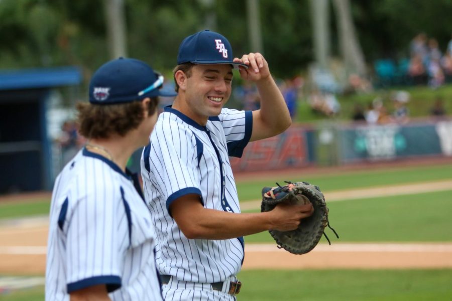 Photo of sophomore first baseman Nolan Schanuel smiling during Fridays victory.