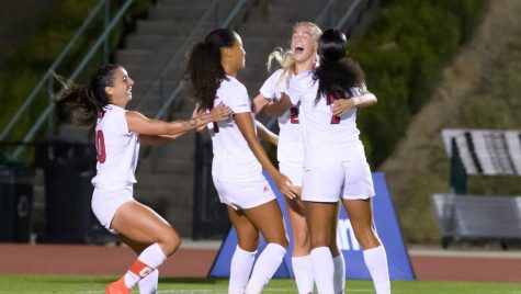 Thelma Hermannsdottir (picture center-right) celebrates with her teammates after scoring against Charlotte in the Conference USA Semifinals on Nov. 4, 2022.