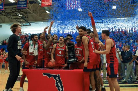 FAU Owls celebrate their final home victory of the 2022-2023 season on Saturday. Their victory against the UTEP Miners granted them Conference USA regular season title champions.