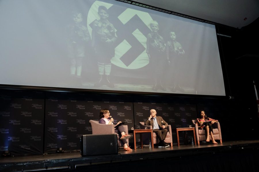 Left to right: Edna Friedberg, Arie Kruglanski and Vidhya Ramalingam discussing the effects of Nazi propaganda. 