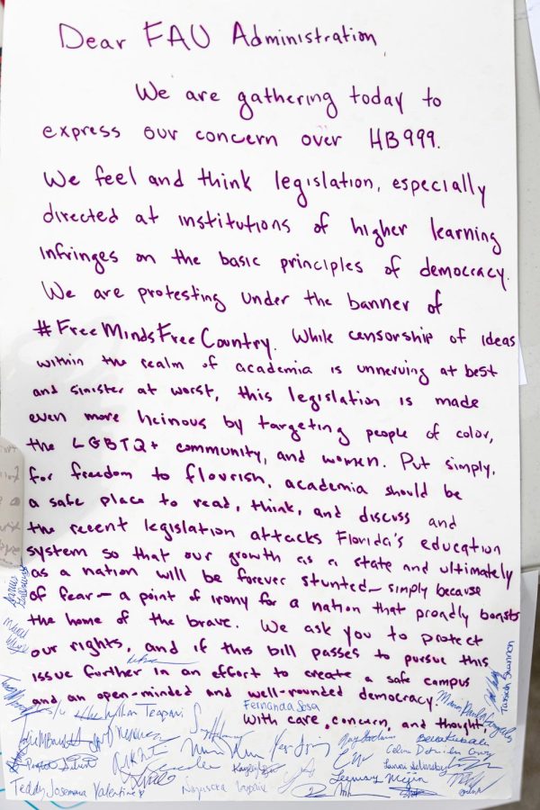 A note written for the FAU Administration and signed by protestors.