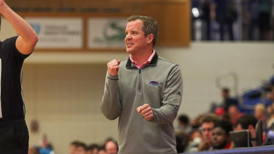 Coach Dusty May during FAUs match against Western Kentucky on January 20, 2022.