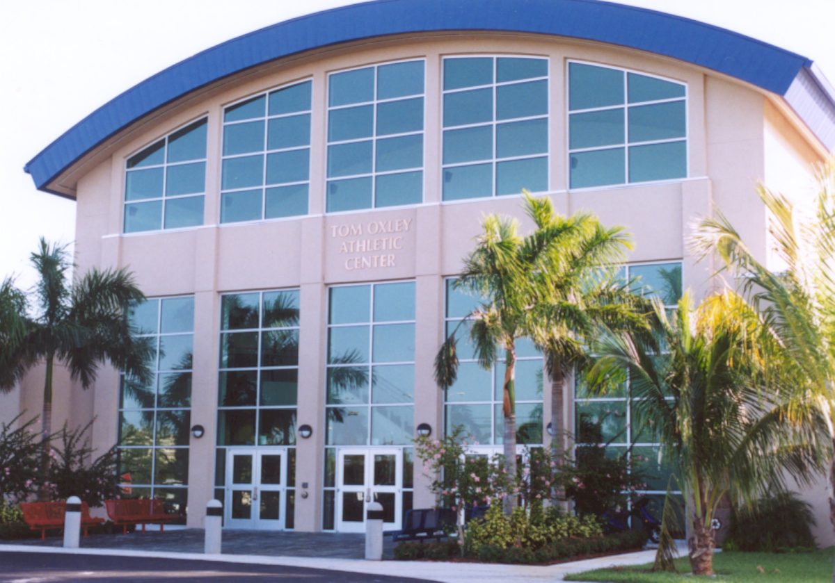 Stock photo of the exterior of the Tom Oxley Athletic Center on Boca Raton Campus.