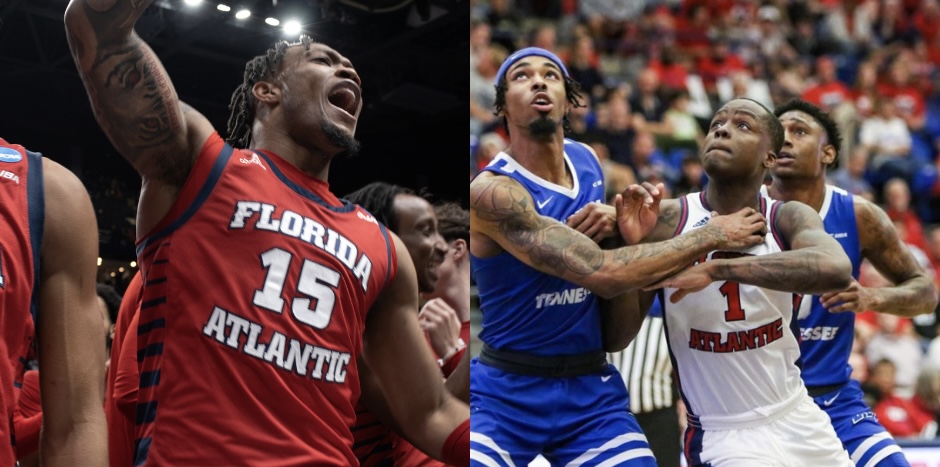 (Left) Junior guard Alijah Martin celebrating FAUs first NCAA Tournament win against the University of Memphis on March 17, 2023, (right) junior guard Johnell Davis fights off a defender for a rebound against Middle Tennessee State on January 26, 2023. 