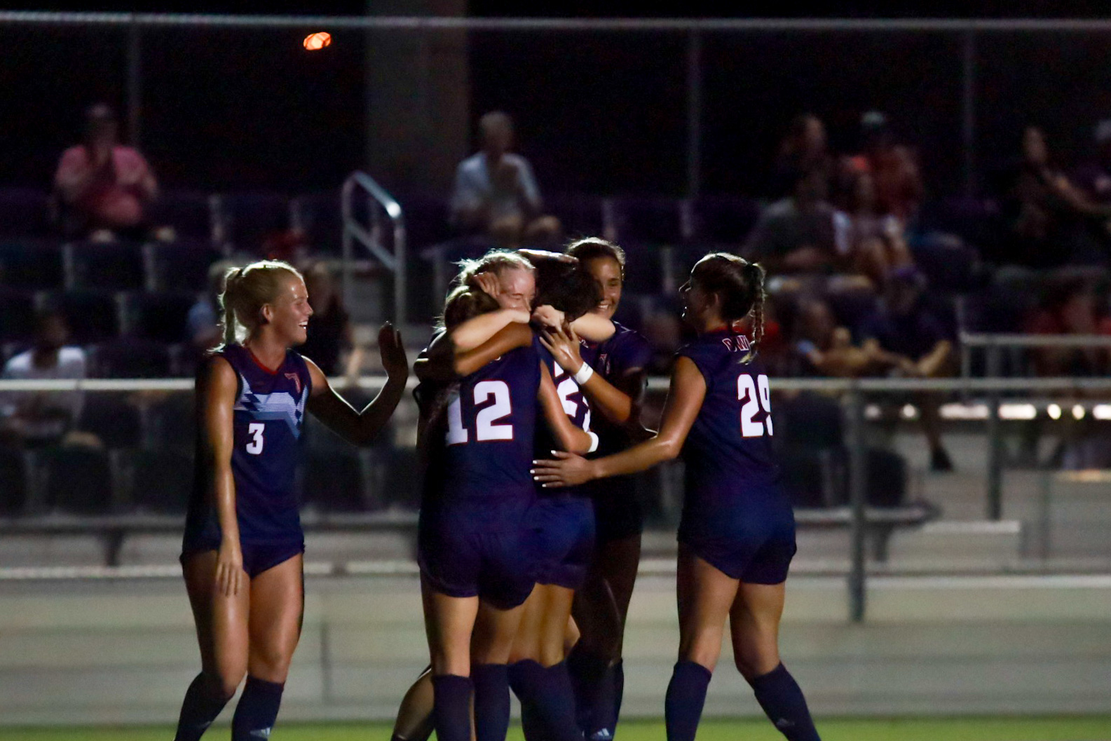 Several players on the Owls womens soccer team celebrate with sophomore forward Elin Simonardottir (center) after she scored the games only goal during the Owls Thursday win. September 7, 2023.