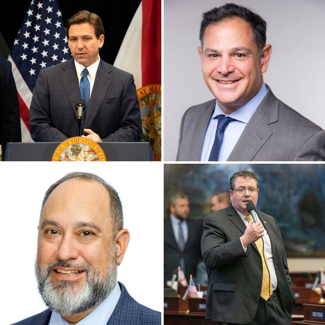 Top: Governor Ron DeSantis, FAU Board of Trustees Chair Brad Levine. Bottom: State University System of Florida Chancellor Ray Rodrigues, Florida State Rep. Randy Fine.