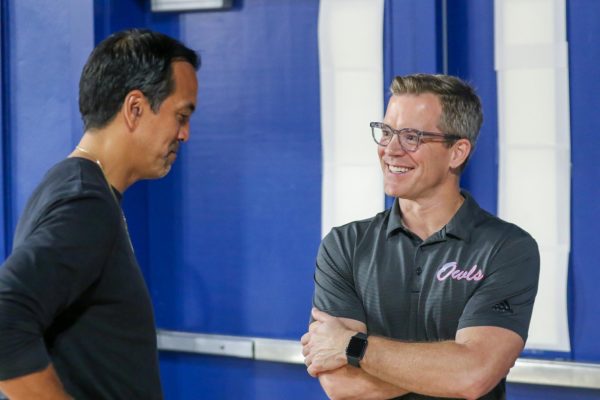 FAU Coach Dusty May catching up with Miami Heat Coach Erik Spoelstra after practice in Baldwin Arena in Boca Raton, Fla on Oct 3rd 2023.