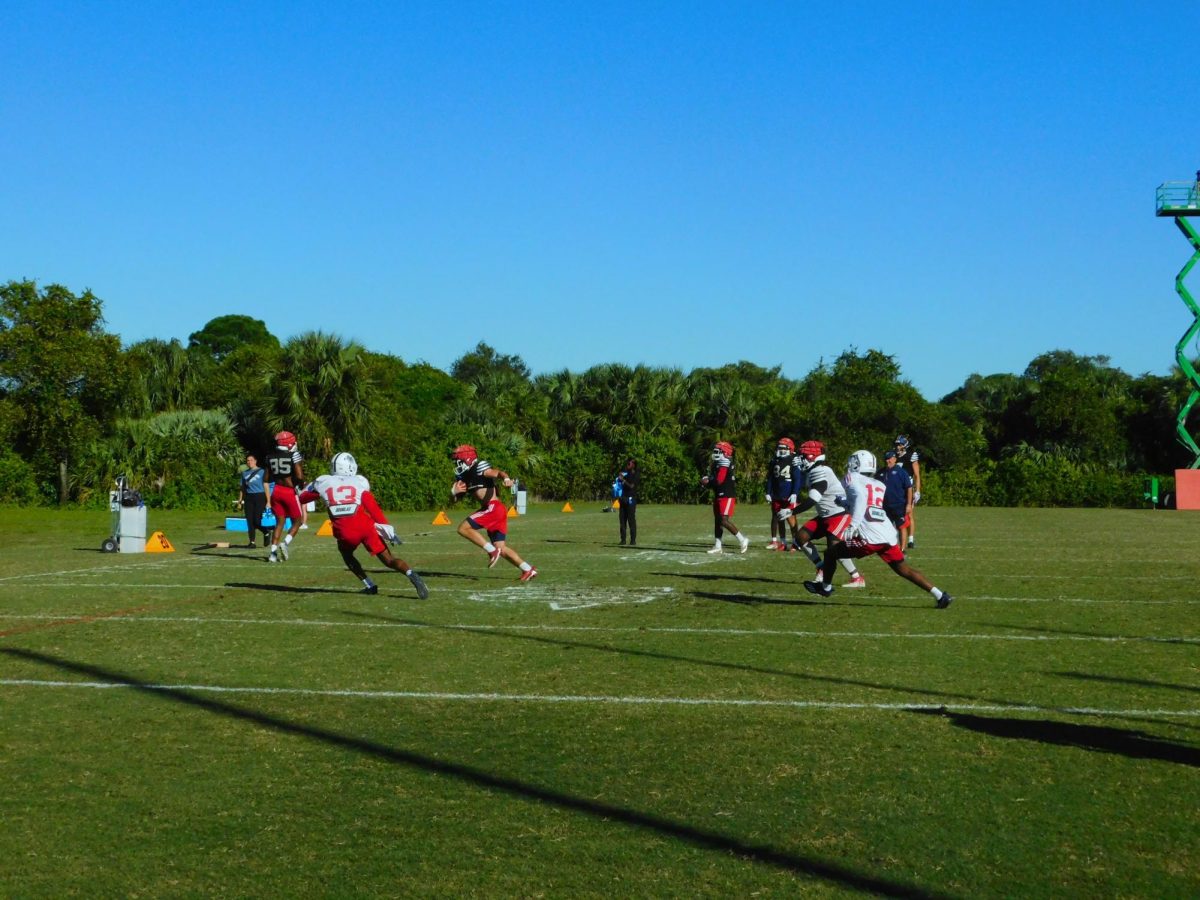 Defensive players run a drill to simulate in game play during practice at FAU practice field on Wednesday Oct 18th 2023. 