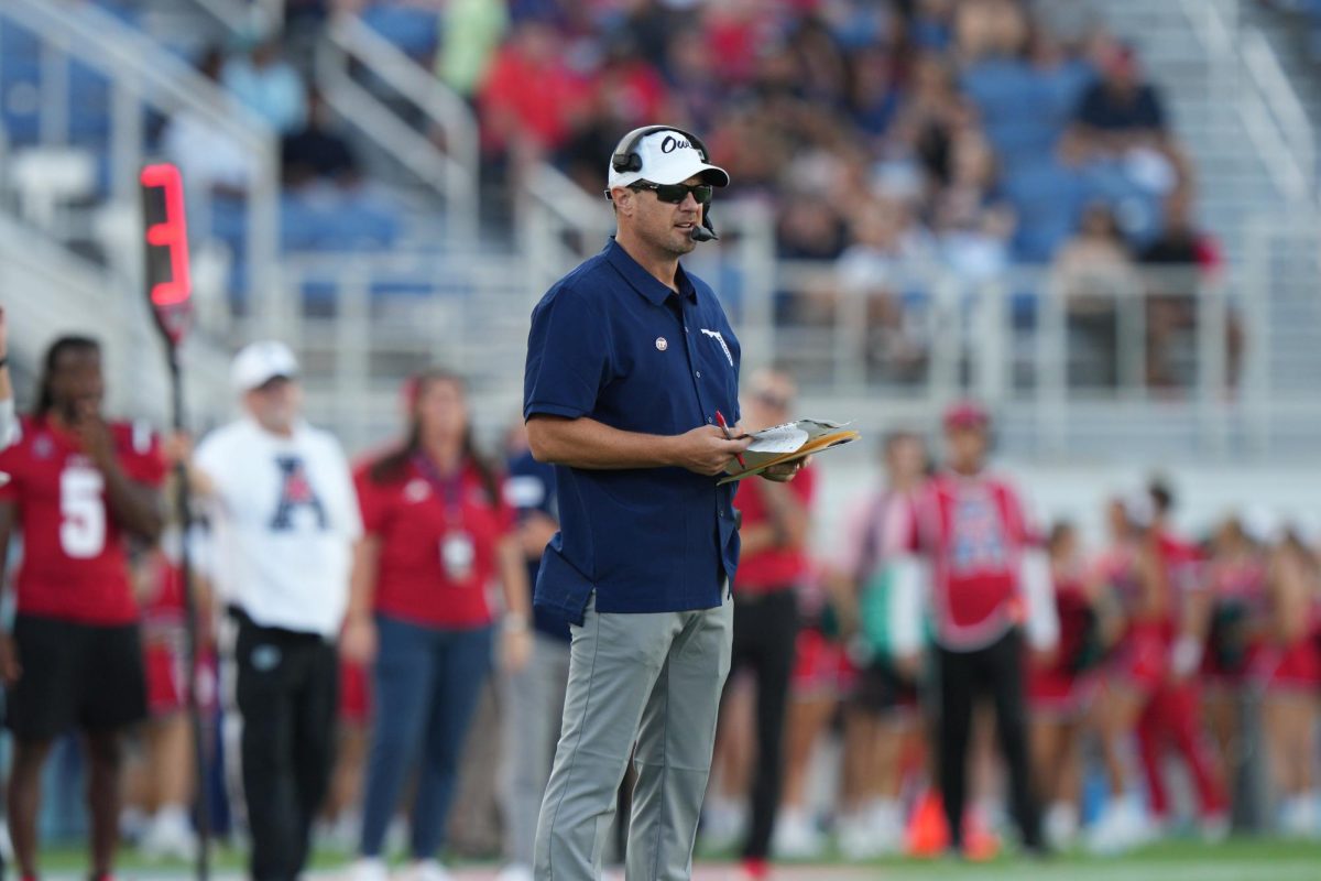 Head coach Tom Herman commanding his team on the sidelines during FAUs season opener against Monmouth University on Sept. 2, 2023. FAU won that game 42-20.