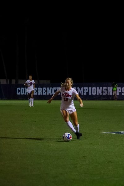 FAU junior midfielder Sofia Voldby (#18) advancing the ball against the University of Alabama at Birmingham Blazers during the Owls 1-1 tied game against the Blazers on Sept. 28, 2023.