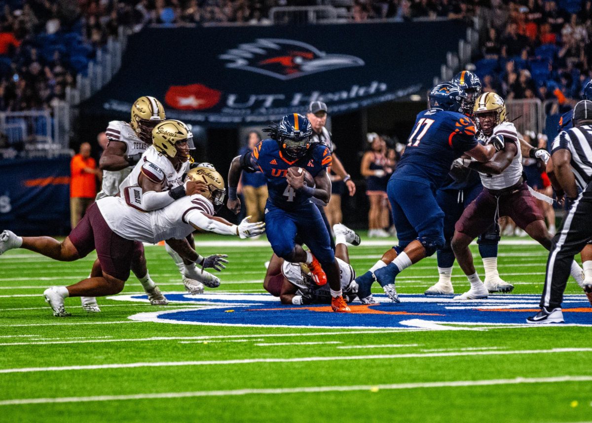 UTSA redshirt sophomore running back Kevorian Barnes rushing for a first down during the Roadrunners 20-13 victory over the Texas State University Bobcats on Sept. 9, 2023.