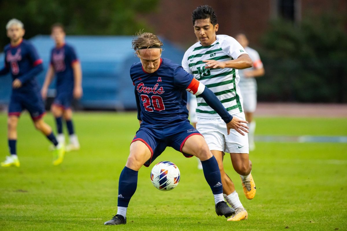 FAU graduate defender Tom Abrahamsson (#20) defending the ball against a Charlotte player during the Owls 3-1 loss in the AAC Mens Soccer Tournament semifinals on Thursday, Nov. 9, 2023.