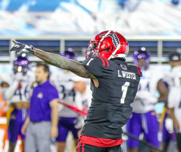 FAU junior wide receiver LaJohntay Wester celebrating catching a pass for a first down during the Owls 22-7 loss to the East Carolina Pirates at Howard Schnellenberger Field on Saturday, Nov. 11, 2023.