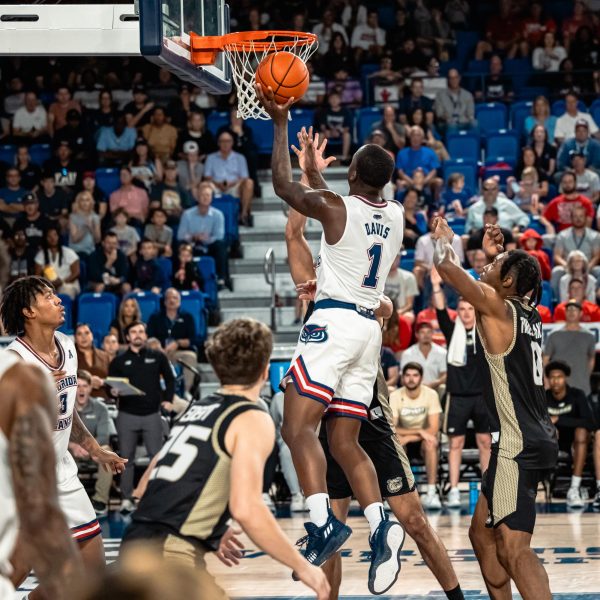 FAU junior guard Johnell Davis (#1) goes for a lay-up during the Owls 61-52 home loss to the Bryant University Bulldogs on Saturday, Nov. 18, 2023 at Eleanor R. Baldwin Arena.