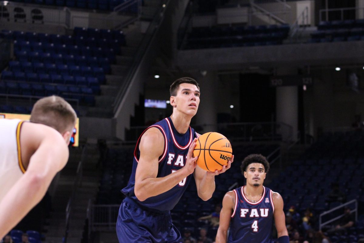 Junior center Vlad Goldin shooting a free throw shot during the Owls season opener against Loyola University Chicago during the Barstool Sports Invitational on Wednesday, Nov. 8, 2023 at Wintrust Arena in Chicago, Ill. FAU won 75-62. Goldin was 9-for-12 at the free throw line. He finished with 19 points (tied-career-high) and 10 rebounds.