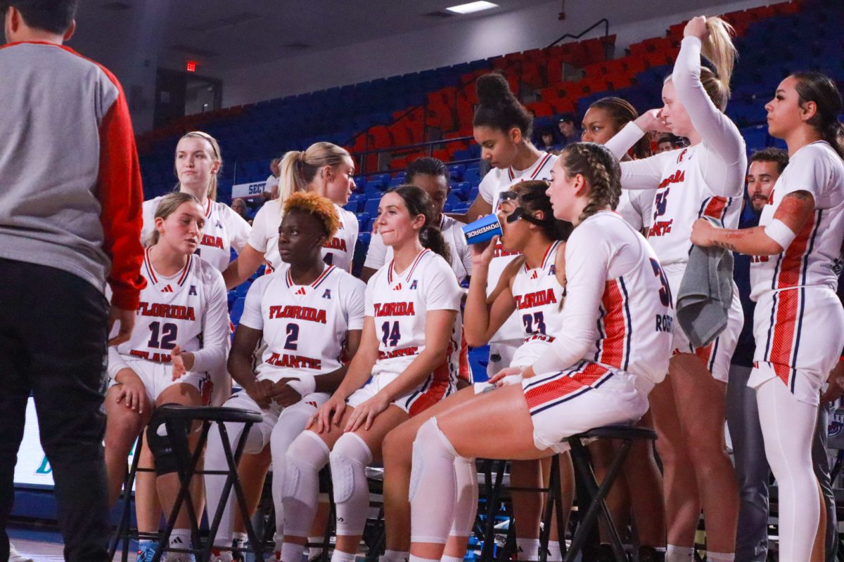 The Florida Atlantic Owls taking a break during a timeout before their 81-72 loss to the University of Tulsa Golden Hurricanes