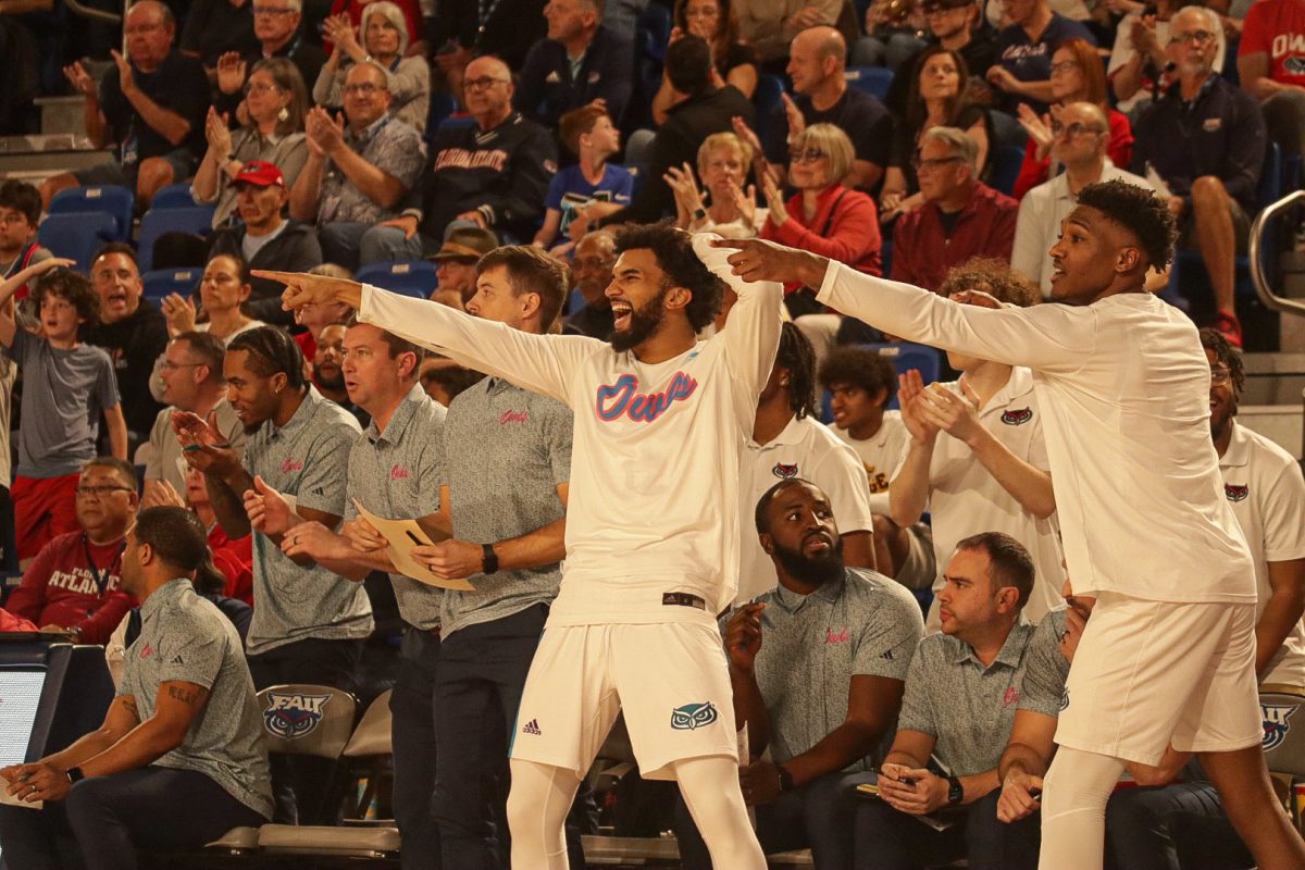 FAU guards Jalen Gaffney (left) and Brandon Weatherspoon (right) celebrating in the game against Tulsa on Feb. 3, 2024 at Eleanor R. Baldwin Arena.