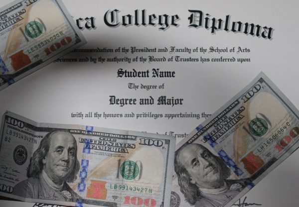 A photograph design depicting a university degree alongside cash by Michael Cook.