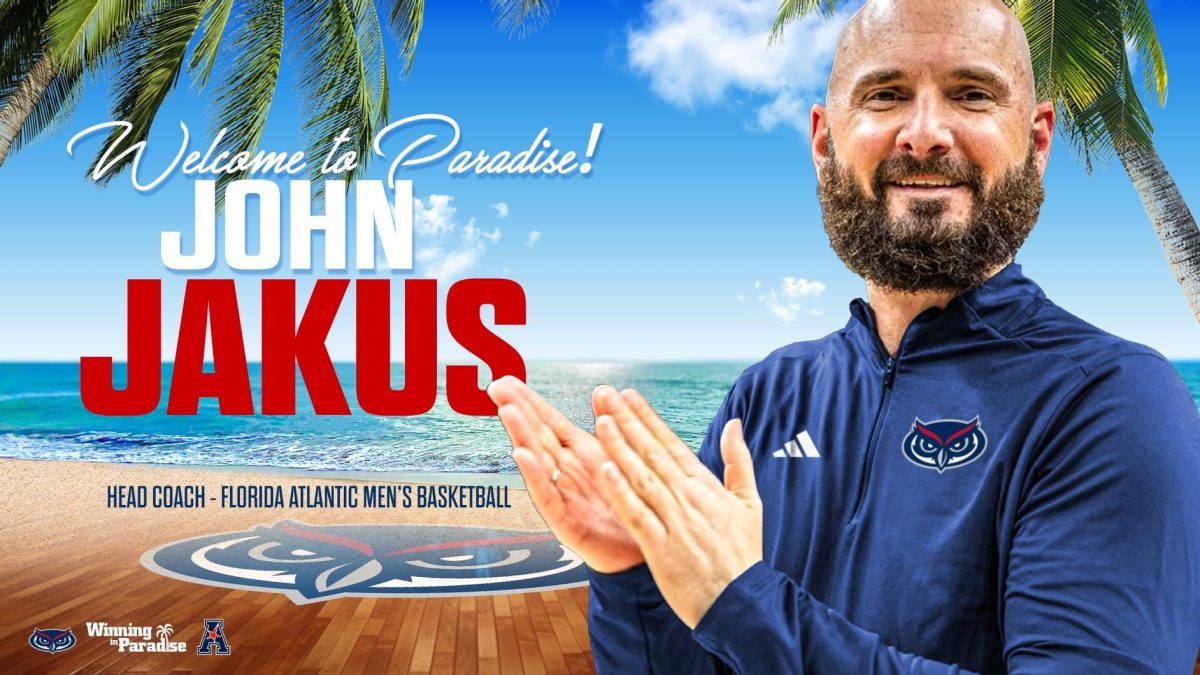FAU Athletics press release image announcing John Jakus as the next head coach for FAU MBB.