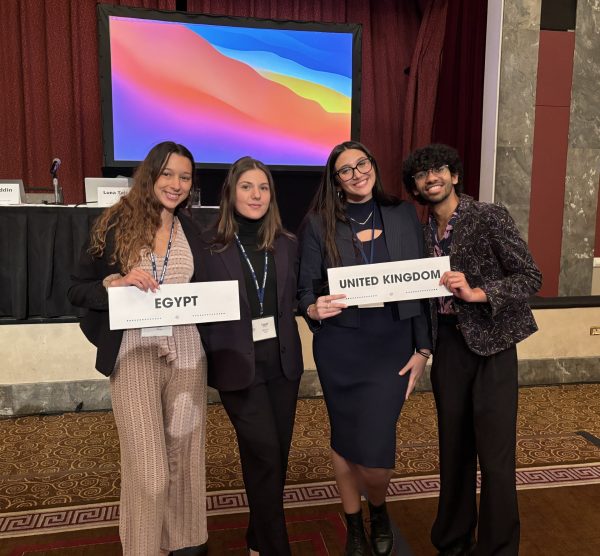 FAU students Ana Alves, Mariana Darzi, Abbagayle Madanat and Emaad Khan (left to right) at the New York City National Model United Nations conference on April 4. 
