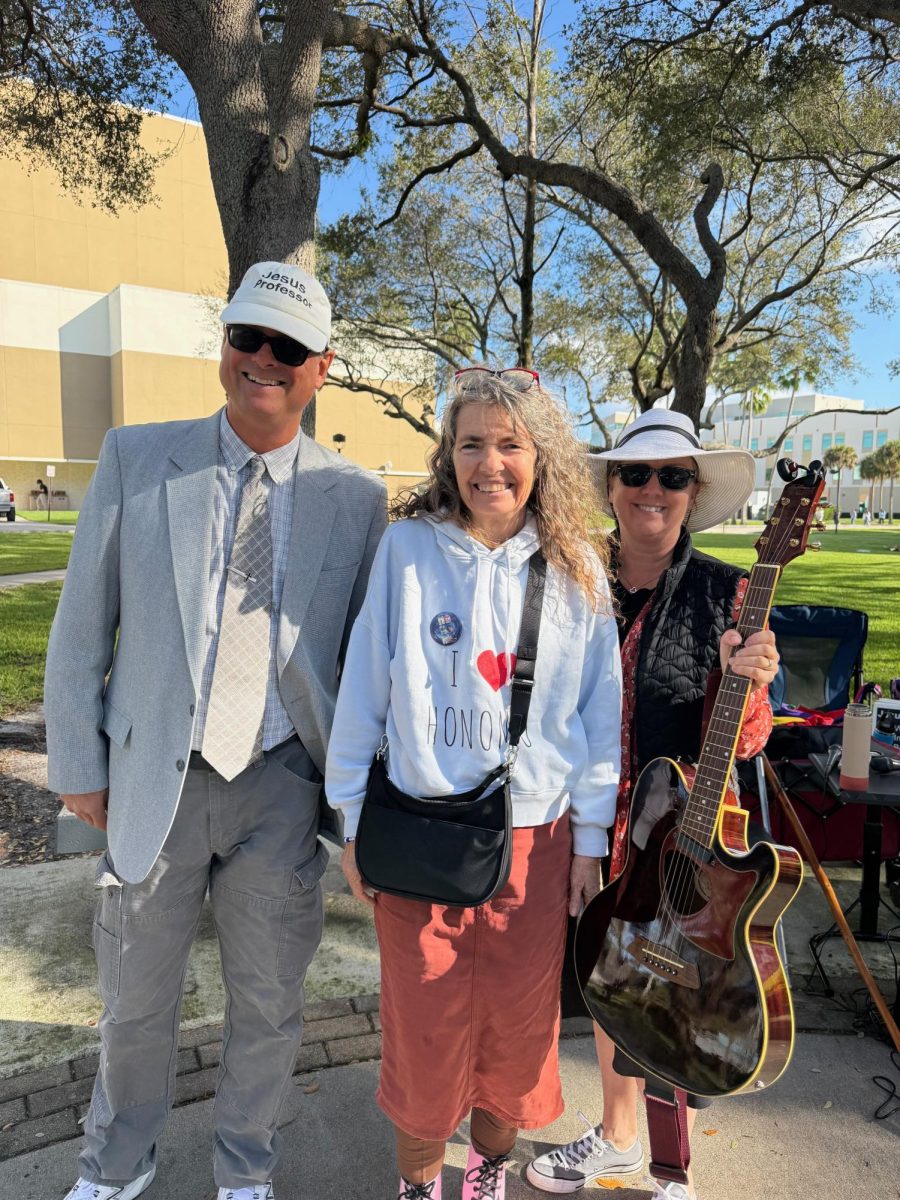 (From left to right) Woody Courtney, Sister Cindy, and Sister Corrine pose together at the end of the successful first session at Florida Atlantic University on Tuesday, Jan. 27, 2026. 
