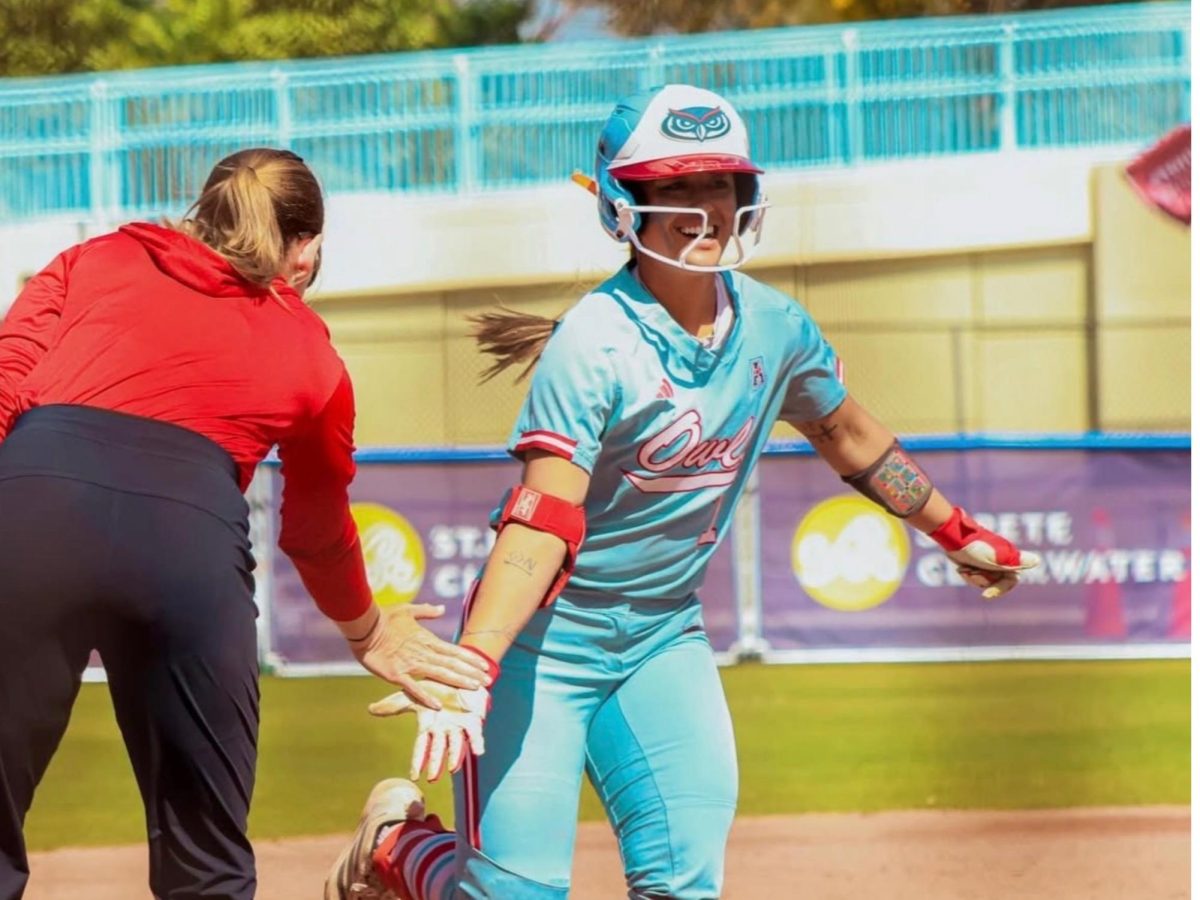 Senior infielder Jesiana Mora heads to home plate during her run in FAU’s 13-2 win against James Madison during the 2026 Shriners Children’s Clearwater Invitational on Sunday, Feb. 15 at the Eddie C. Moore Complex. 