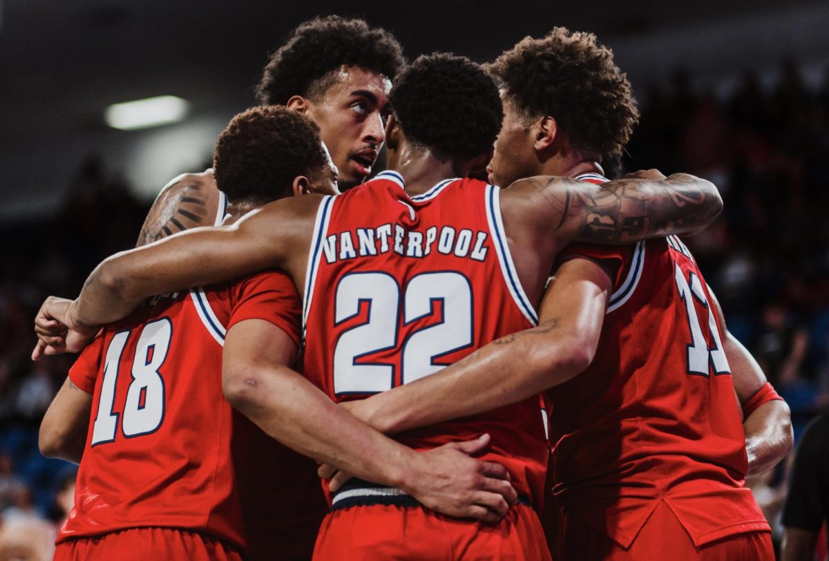 Florida Atlantic Owls team in a huddle during their 83-81 loss against the South Florida Bulls on Sunday Feb 15th in Eleanor R. Baldwin Arena.
