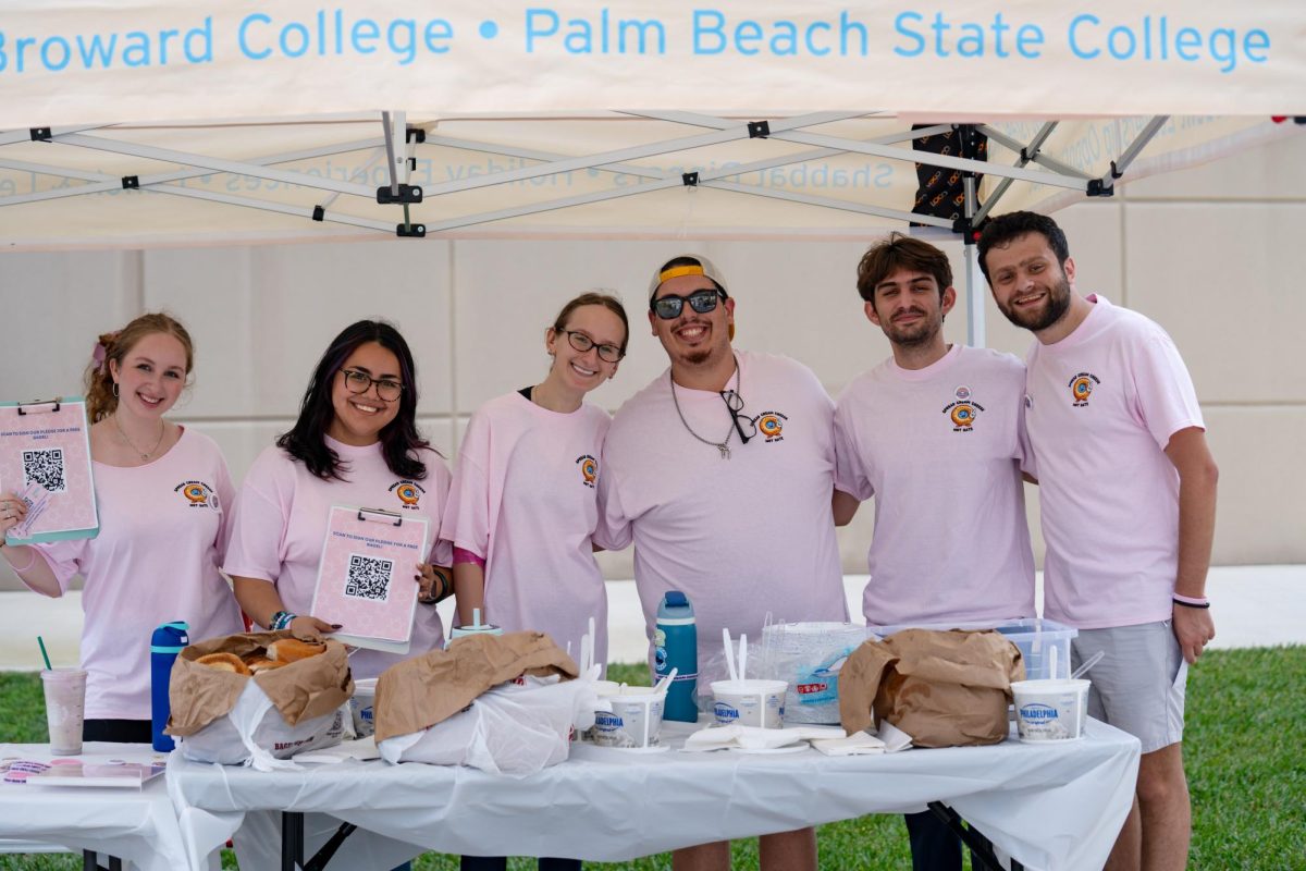 Photo of FAU Hillel members on the housing lawn (from left to right) Mica Gavish, Sofía Betancourth, Victoria Kaufman, Paul Kodner, Michael Kleinman, Xander Stein. 
