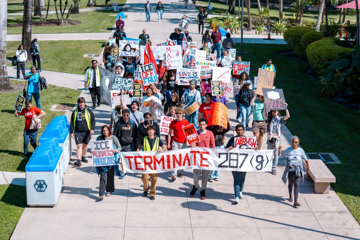 Protesters walking out of FAU Breezeway during on-campus “ICE Out” protest on Feb. 25
