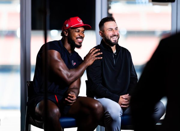 Texans linebacker Azeez Al-Shaair (left) and Nick Caley courtesy of the Houston Texans.