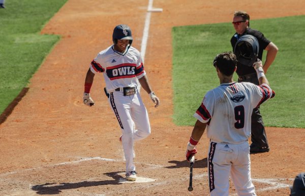 FAU sophomore outfielder Kyle Boylston celebrates his first-career home run during FAU’s 3-2 victory against Iowa University at FAU Baseball Stadium.