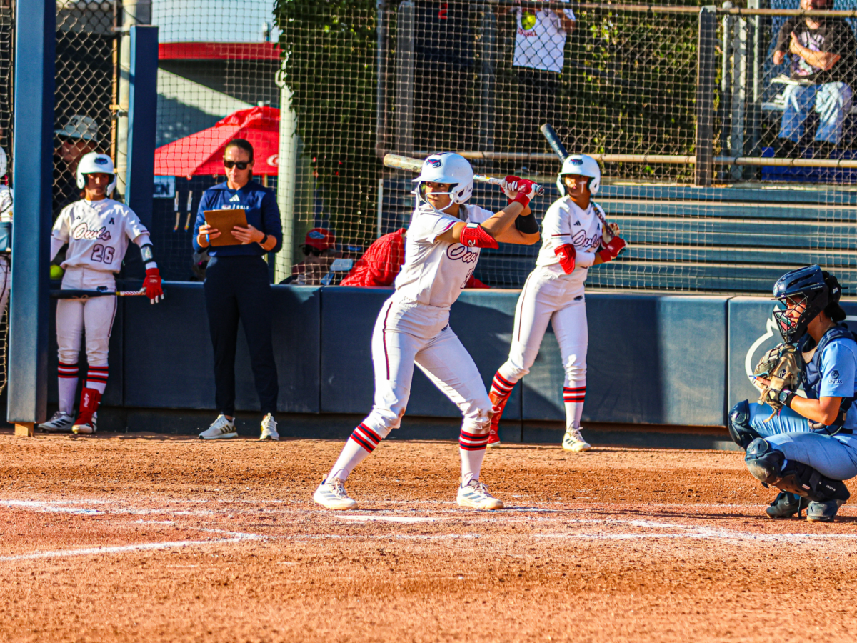 Sophomore utility Destiny Johns up to bat in FAU’s 9-1 win against Villanova during the 2026 Joan Joyce Classic on Feb. 21 at Joan Joyce Field.