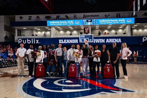 Florida Atlantic women’s basketball celebrating senior night in Eleanor R. Baldwin arena with a 61-57 win. Seniors Michiyah Simmons (left), Jess Moors (middle), and Destyne Jackson (right) were all recognized before tip-off.