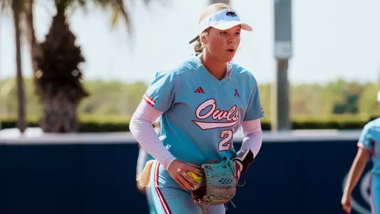 FAU Softball utility player McKenna Mulholland holds the ball during FAU’s 10-1 win against the Binghamton University Bearcats on Mar. 1, 2026, during the 2026 Beach Chicken Brawl at St. John's Stadium in Conway, South Carolina. 