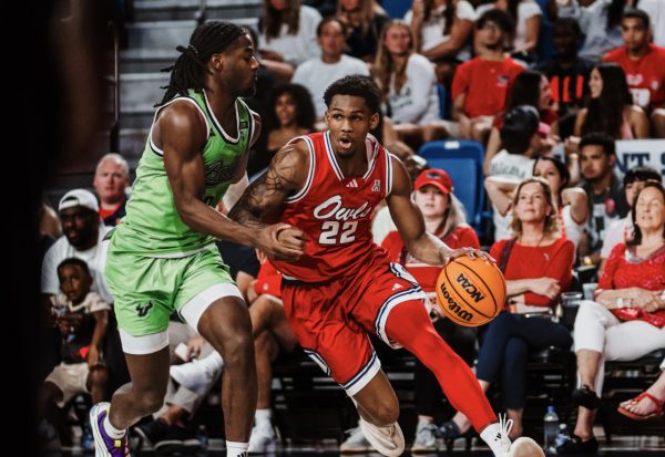 Devin Vanterpool dribbles the ball during FAU’s 83-81 loss to the University of South Florida on Feb. 15, 2026, at Eleanor R. Baldwin Arena.